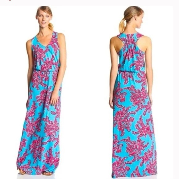 Medium Lilly Pulitzer Rhode Island reef maxi dress blue red pink coral cotton - Picture 1 of 10